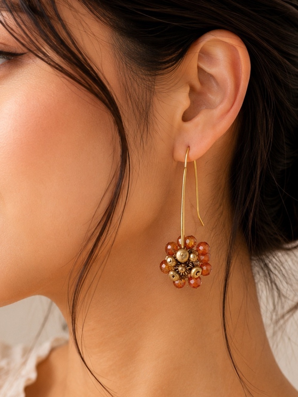 Kenneth Cole Brushed Gold Tone Long Earrings with Orange Brown Beads